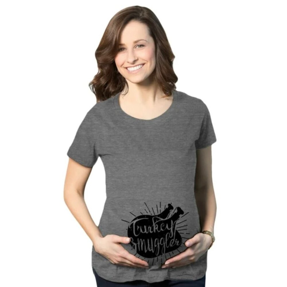 Turkey Smuggler Maternity T-Shirt Thanksgiving Size Large Grey Pregnancy GUC